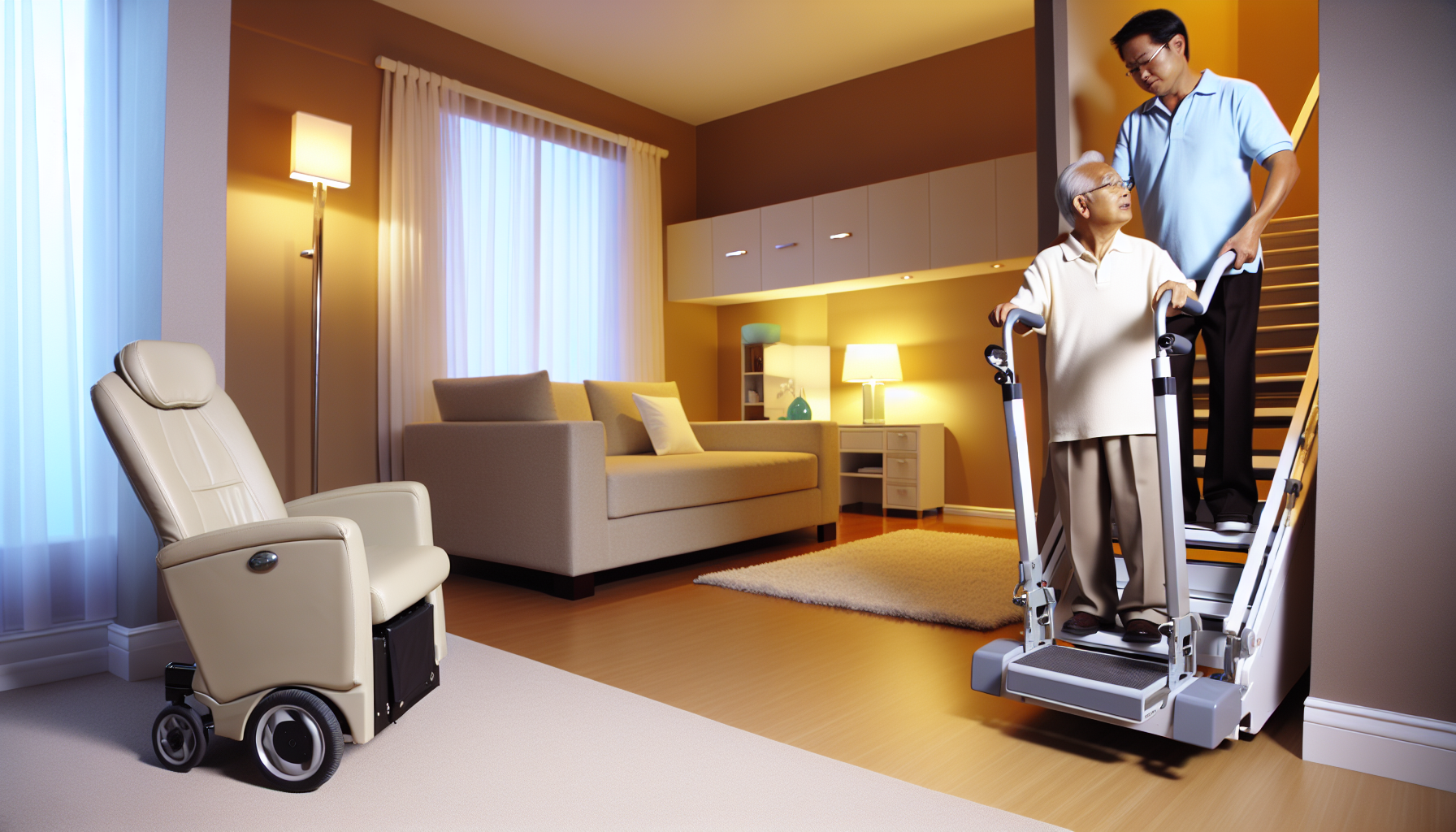 Elderly woman on a stairlift being helped by a caregiver in a modern living room scene.